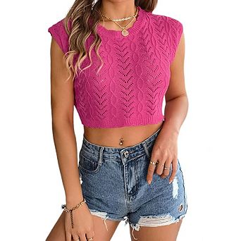 Women's Summer Hollow Out Knit Crop Tank Top Crewneck Sleeveless Loose Comfy Vacation Top