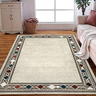 Modern Geometric Bordered Runner Rug,Machine Washable Low Pile Area Rug