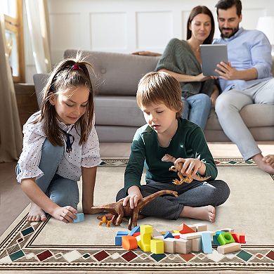 Modern Geometric Bordered Runner Rug,Machine Washable Low Pile Area Rug