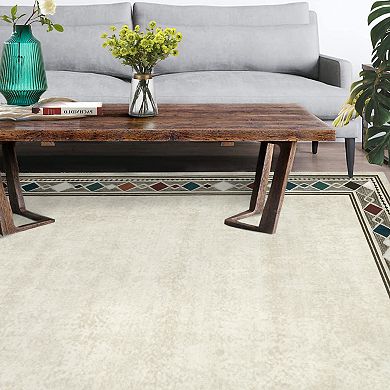 Modern Geometric Bordered Runner Rug,Machine Washable Low Pile Area Rug