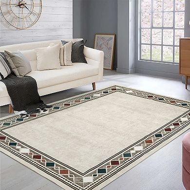 Modern Geometric Bordered Runner Rug,Machine Washable Low Pile Area Rug