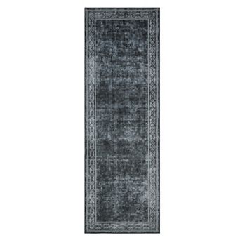 Modern Geometric Bordered Runner Rug,Machine Washable Low Pile Area Rug