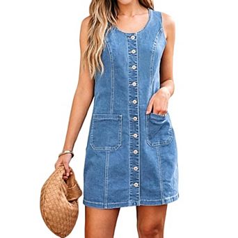 Women's Sleeveless Denim Mini Dress, 100% Cotton Button Front Casual Jean Dress with Pockets