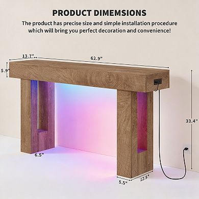 Entryway Console Table with LED Lighting & Charging Station 63-Inch Narrow Sofa Table