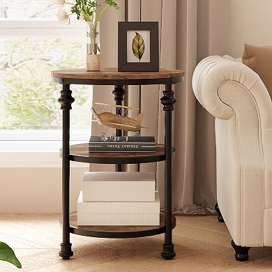 Vintage 3-Tier Round Side Table Compact End Table with Storage Shelves Industrial Metal Frame