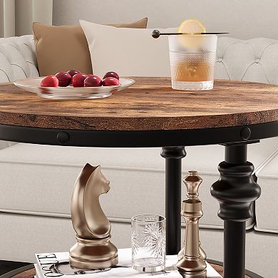 Vintage 3-Tier Round Side Table Compact End Table with Storage Shelves Industrial Metal Frame