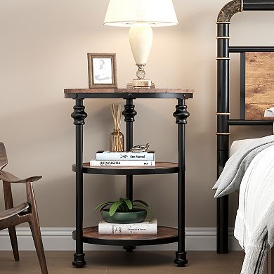 Vintage 3-Tier Round Side Table Compact End Table with Storage Shelves Industrial Metal Frame