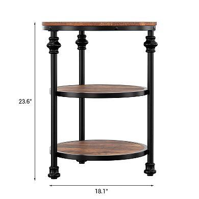Vintage 3-Tier Round Side Table Compact End Table with Storage Shelves Industrial Metal Frame