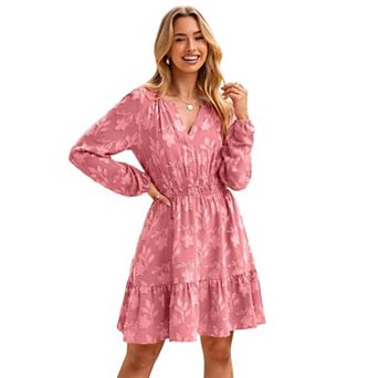 Women's Long Sleeve V Neck Mini Dress Smocked Waist Ruffle Hem A-Line Flowy Casual Dress