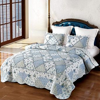 Floral Patchwork Quilt Set, Full Queen Size, 3 pc Bedding Set with 2 Pillowcases Patchwork Quilt