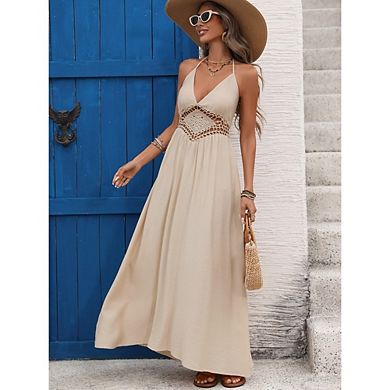 Women's Boho Halter Maxi Dress Backless Bow Tie Vacation Dress for Beach Resort
