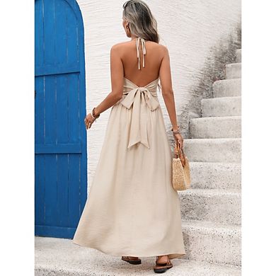 Women's Boho Halter Maxi Dress Backless Bow Tie Vacation Dress for Beach Resort