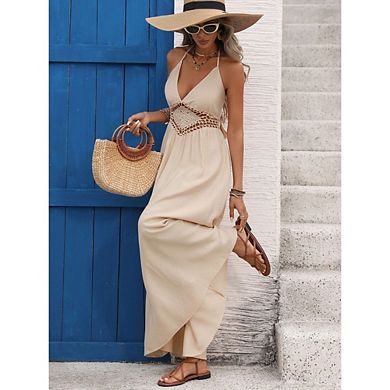 Women's Boho Halter Maxi Dress Backless Bow Tie Vacation Dress for Beach Resort