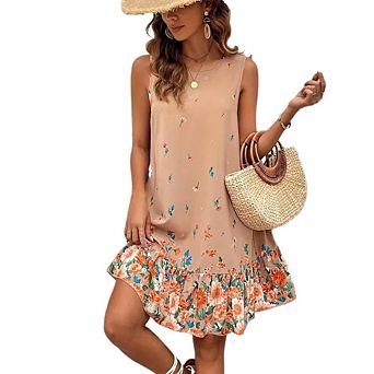 Women's Floral Print Sleeveless Dress Casual A-Line Ruffle Hem Mini Dress