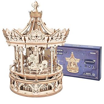 ROKR 3D Wooden Puzzles Music Box - DIY Model Building Kit Mechanical Merry-go-Round