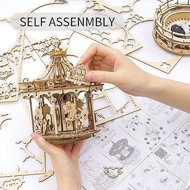 ROKR 3D Wooden Puzzles Music Box - DIY Model Building Kit Mechanical Merry-go-Round