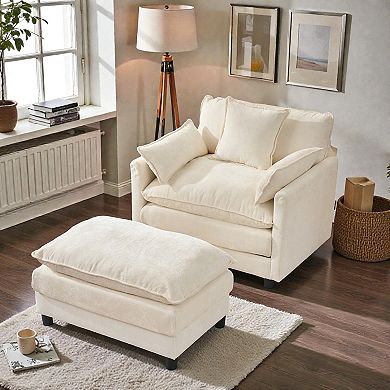 Lufeiya Oversized Chenille Accent Chair with Ottoman, Solid Wood Frame