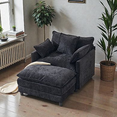 Lufeiya Oversized Chenille Accent Chair with Ottoman, Solid Wood Frame