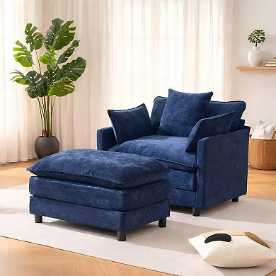 Lufeiya Oversized Chenille Accent Chair with Ottoman, Solid Wood Frame