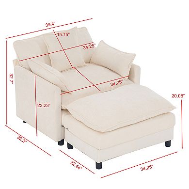 Lufeiya Oversized Chenille Accent Chair with Ottoman, Solid Wood Frame