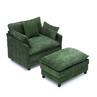 Lufeiya Oversized Chenille Accent Chair with Ottoman, Solid Wood Frame