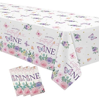 Butterfly First Birthday Tablecloths, disposable party table cover, 3-pack
