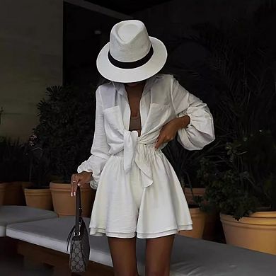 Women's 2-Piece Set: Cropped Tie-Front Shirt & High-Waist Wide-Leg Shorts
