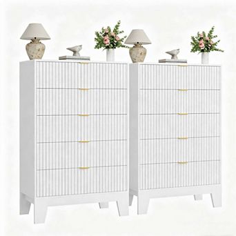 Set of 2 Fluted Dressers 47“ Tall Chest of Drawers with Metal Handle, Modern Wooden TV Stand, Clot