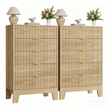 Set of 2 Fluted Dressers 47“ Tall Chest of Drawers with Metal Handle, Modern Wooden TV Stand, Clot