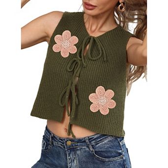 Women's Tie Front Knit Vest Floral Embroidered Sleeveless Casual Lightweight Tie Bow Summer Crop Top