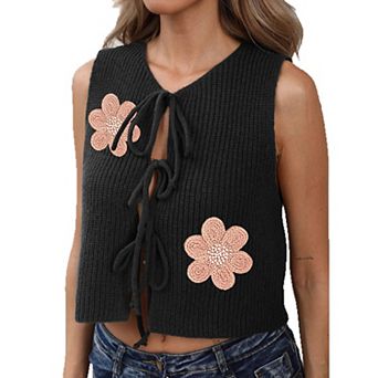 Women's Tie Front Knit Vest Floral Embroidered Sleeveless Casual Lightweight Tie Bow Summer Crop Top