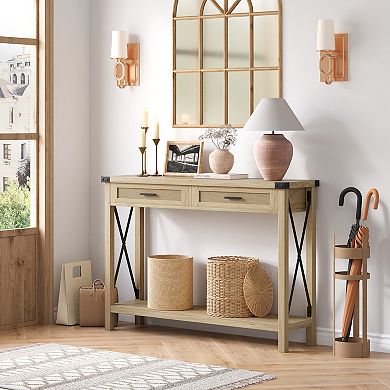 Farmhouse Entryway Table with 2 Drawers, Rattan Console Table for Entryway, Wooden Sofa Table