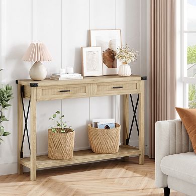 Farmhouse Entryway Table with 2 Drawers, Rattan Console Table for Entryway, Wooden Sofa Table