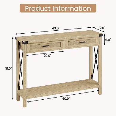 Farmhouse Entryway Table with 2 Drawers, Rattan Console Table for Entryway, Wooden Sofa Table