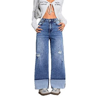 Women's Mid Rise Stretchy Straight Leg Jeans, Loose Fit Folded Hem Boyfriend Denim Pants