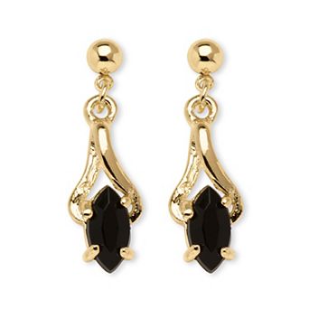 Marquise-Shaped Genuine Onyx Yellow Goldtone Drop Earrings