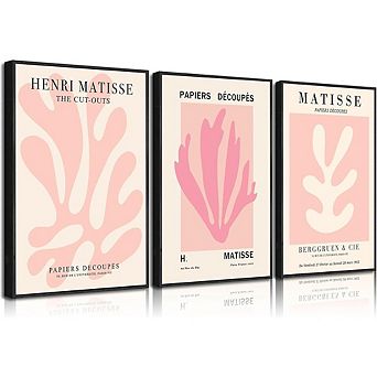 Pink Matisse Floral Wall Art Set of 3 Abstract Botanical Canvas Prints Decor
