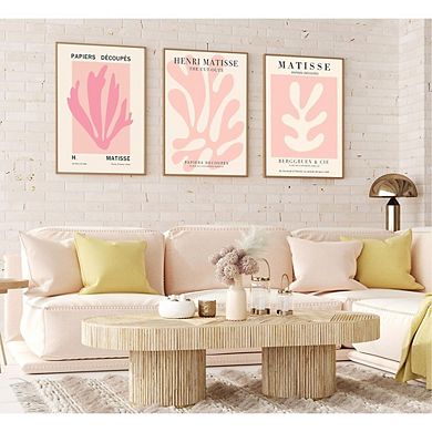 Pink Matisse Floral Wall Art Set of 3 Abstract Botanical Canvas Prints Decor