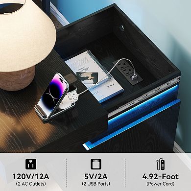 Lufeiya Nightstand with Charging Station and LED Lights, 3 Drawer