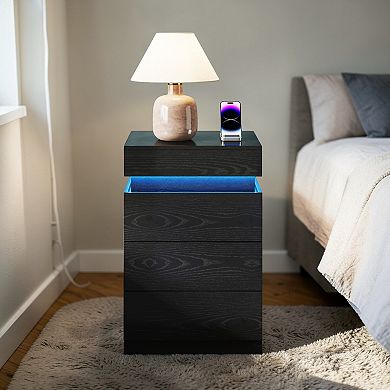 Lufeiya Nightstand with Charging Station and LED Lights, 3 Drawer