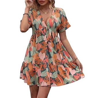 Women's Short Sleeve V Neck Ruffle Hem Mini Dress Casual Flowy A-Line Empire Waist Dress