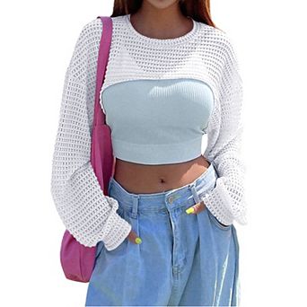 Hollow Out Sweater Tops Cropped Women Crochet Shrug Long Sleeve Knit Short Beach Cover Ups
