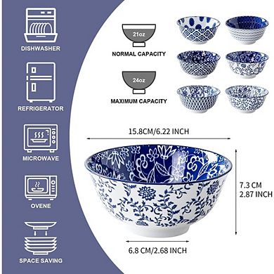 Ceramic Soup & Cereal Bowls, Set of 6, 24oz, Microwave & Dishwasher Safe