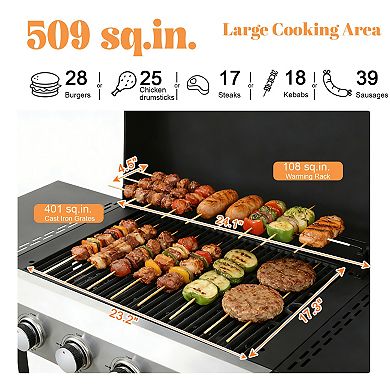 4-Burner Portable Propane Grill, 49200 BTU, Foldable Side Table, Hanging Basket, Stainless Steel