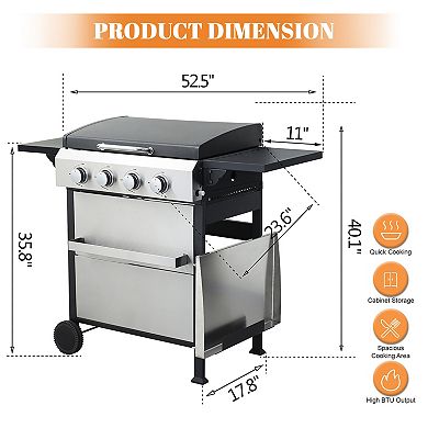 4-Burner Portable Propane Grill, 49200 BTU, Foldable Side Table, Hanging Basket, Stainless Steel