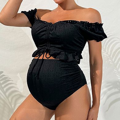 Women's Maternity Two Piece Sets Off Shoulder Ruffle Drawstring High Waisted Textured Swimsuits