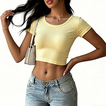 Women's Casual Basic Crop Top Scoop Neck Short Sleeve Fitted Form-Fitting T-Shirt