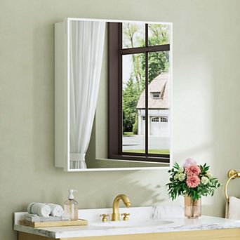 Framed Medicine Cabinet with Mirror, Surface or Recessed Mount, Adjustable Glass Shelves