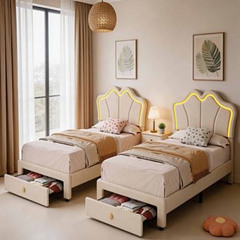 Set of 2 Twin Size Velvet Storage Beds with LED, Upholstered Platform Bed Frame with Pull-Out Drawer