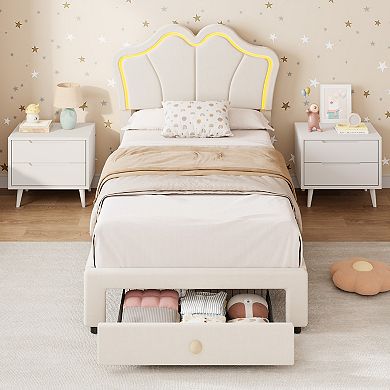 Set of 2 Twin Size Velvet Storage Beds with LED, Upholstered Platform Bed Frame with Pull-Out Drawer